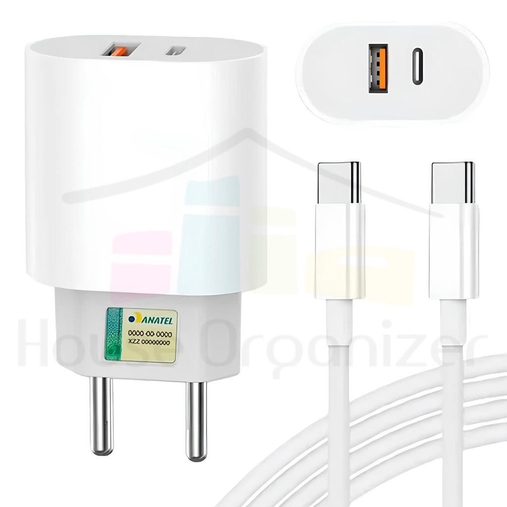 Carregador Turbo C/ Fonte 40W Cabo Tipo-C P/ Smartphone Celular Notebook Laptop Usb 2 Entradas Carga Rápida