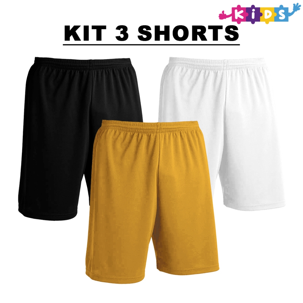 Kit com 3 Bermudas Preto + Branco + Cores Infantil Shorts Calção Dry Poliéster Liso