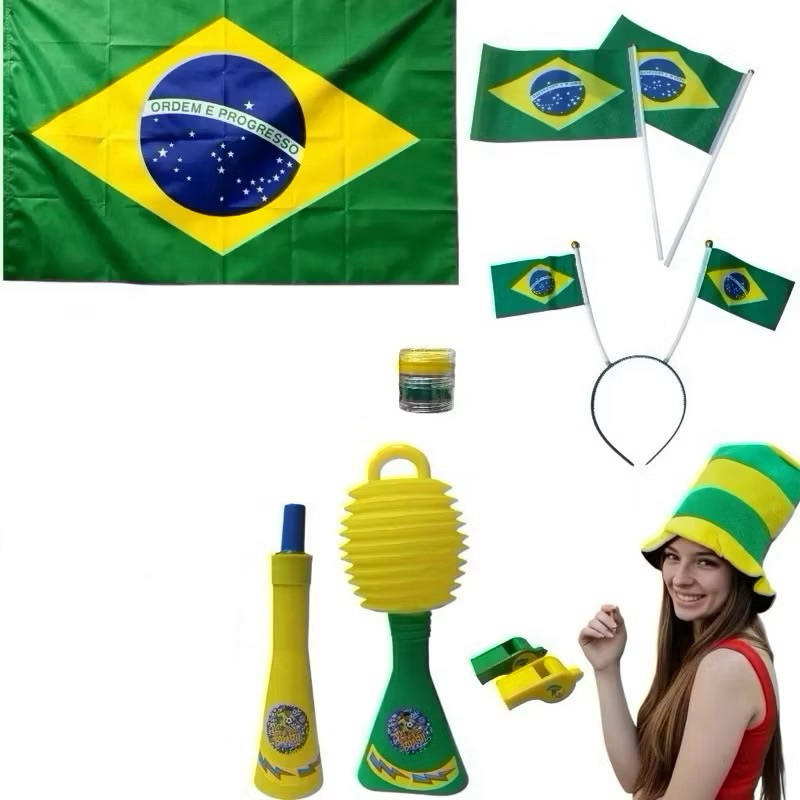 Kit Torcedor Com 10 Itens | Jogos Do Brasil, Copa Do Mundo, Seleção Brasileira | Apito, Bandeira, Buzina, Tiara, Cartola