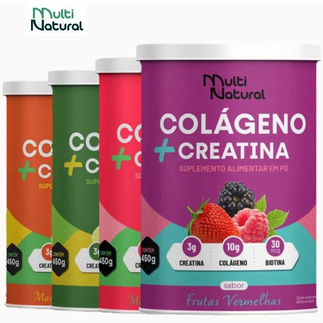 Kit 3x Colágeno hidrolisado Com Ácido Hialurônico + Creatina e Biotina Sabores 1.3Kg - Multi Natural