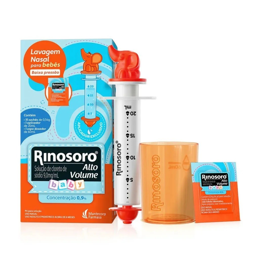 Rinosoro Baby 0,9% com Aplicador + 15 Sachês – Higiene Nasal Segura | Alto Volume Prático