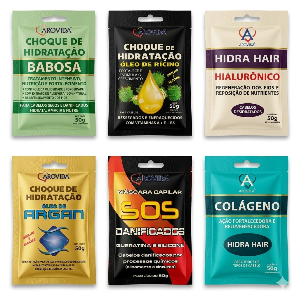 Máscara Capilar Arovida 50g Sachê Mascara Capilar e Choque de Hidratação Brilho e Maciez