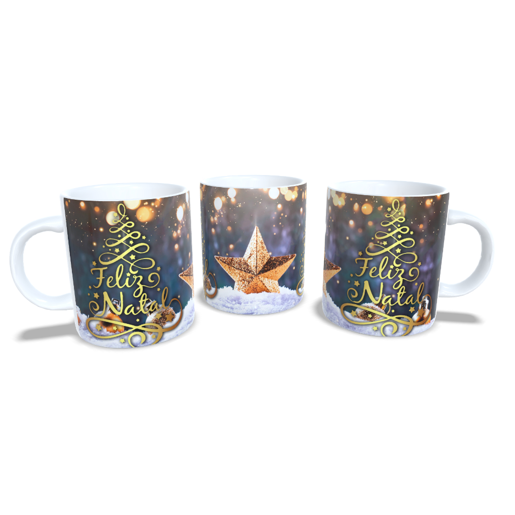 Caneca Cerâmica/Porcelana/Polímero 325ml - Natal - Feliz natal Presente Paisagens Paisagem Casa Casas Pinheirinho Pinheirinhos Pinheiro Arvore Estrela de Natal Mágica Magia Lembrancinha Papai Noel Frases de natal merry c