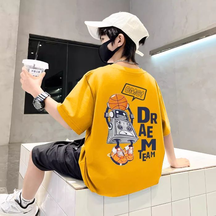 Camiseta média grande moda manga criança topo t fino algodão puro meio estilo na moda 2026 menino impresso camisa cod cr