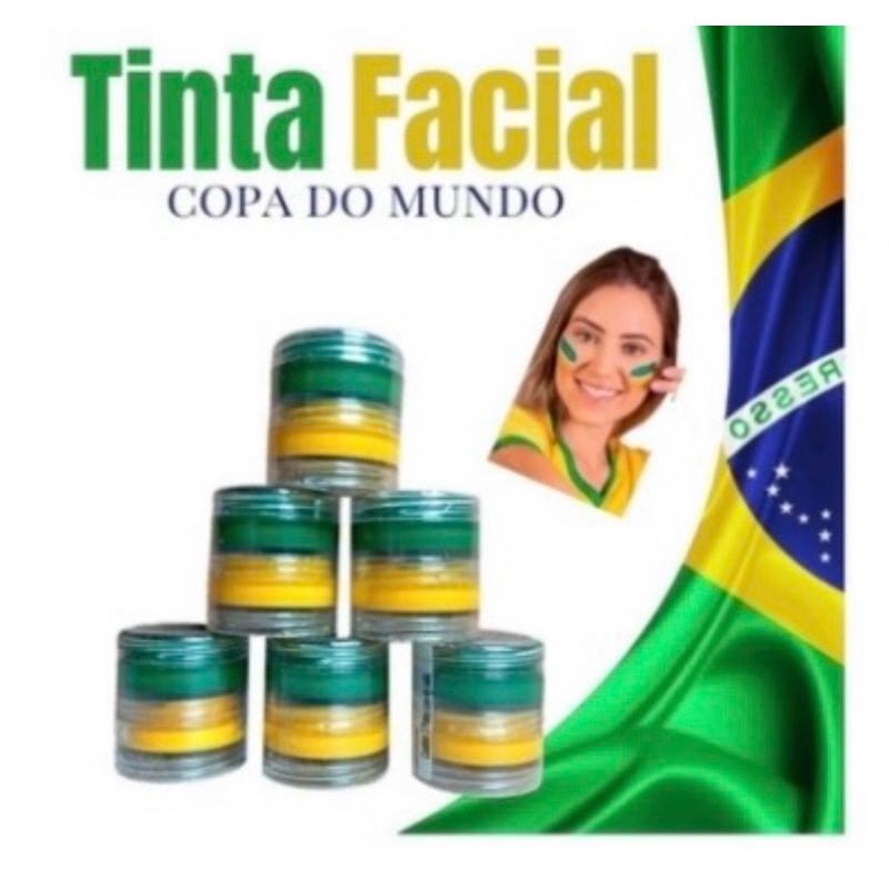 TINTA FACIAL COPA DO MUNDO | TORRE DE TINTA CREMOSA | ROSTO | FANTASIA | COSPLAY | BANDEIRA | VERDE E AMARELO | BRASIL
