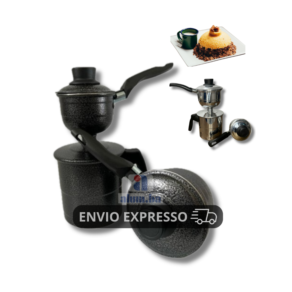 cuscuzeira pequena e grande 2 em 1 dupla preta e aluminio peitinho  cuscuzeiro a vapor peito de moça