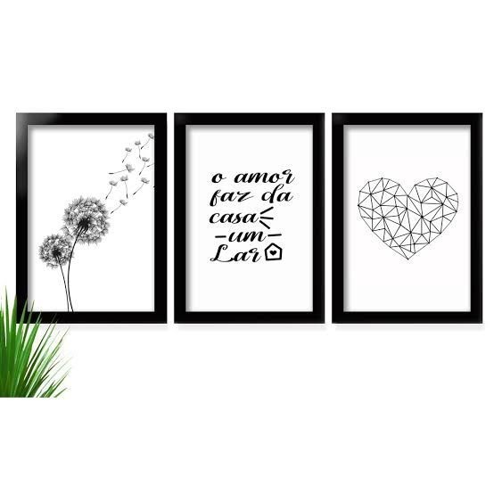 Kit 3 Quadros Decorativos Casa Frase - O Amor Faz Da Casa Um Lar - Decoração Interior MDF 4K Full