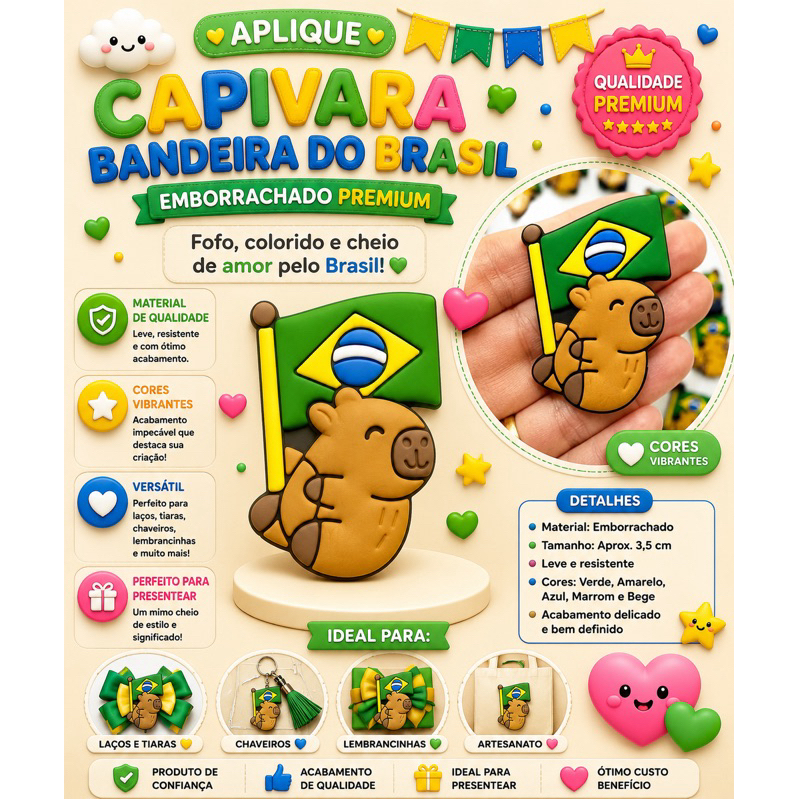 Aplique Emborrachado Infantil Capivara Futebol Brasil Laços Tiaras Prendedores Artesanato DIY