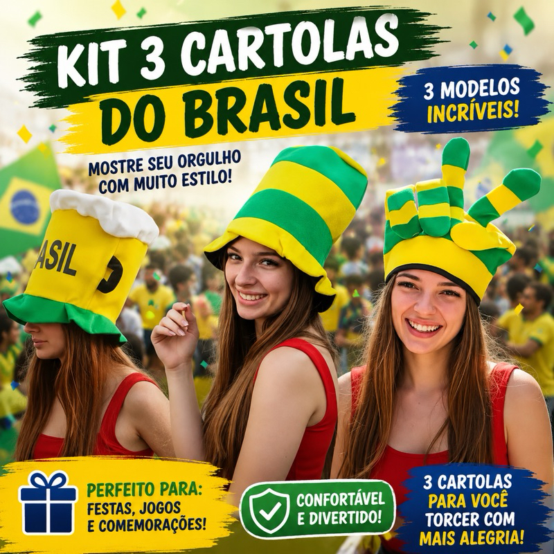 Kit Com 3 Cartolas Do Brasil | Unissex | 28x28cm Cada | Chopp, Listrada E Mãozinha | Kit Torcedor | Copa, Chapéu, Jogo