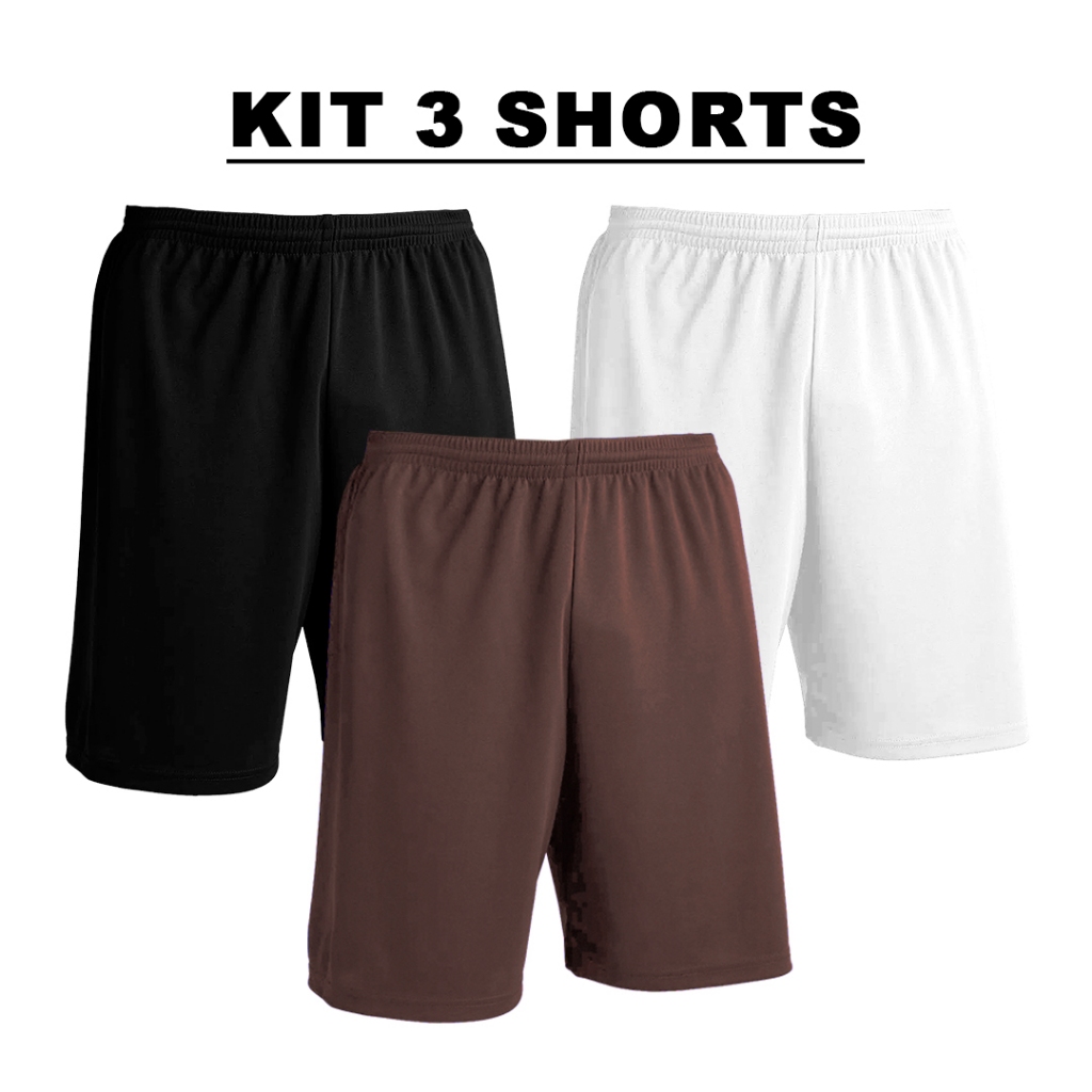 Kit 3 - Calção Shorts Preto + Branco + Cores De Futebol Dry em Poliéster - Liso Colorido