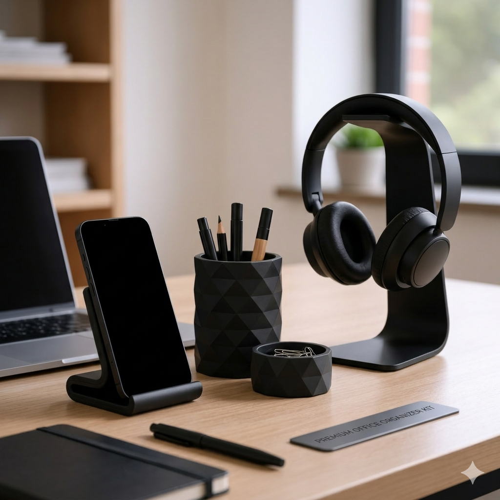 Kit Organizador De Mesa 4 e 1 Premium Suporte Headset Celular E Porta Canetas Decorativo Home Office