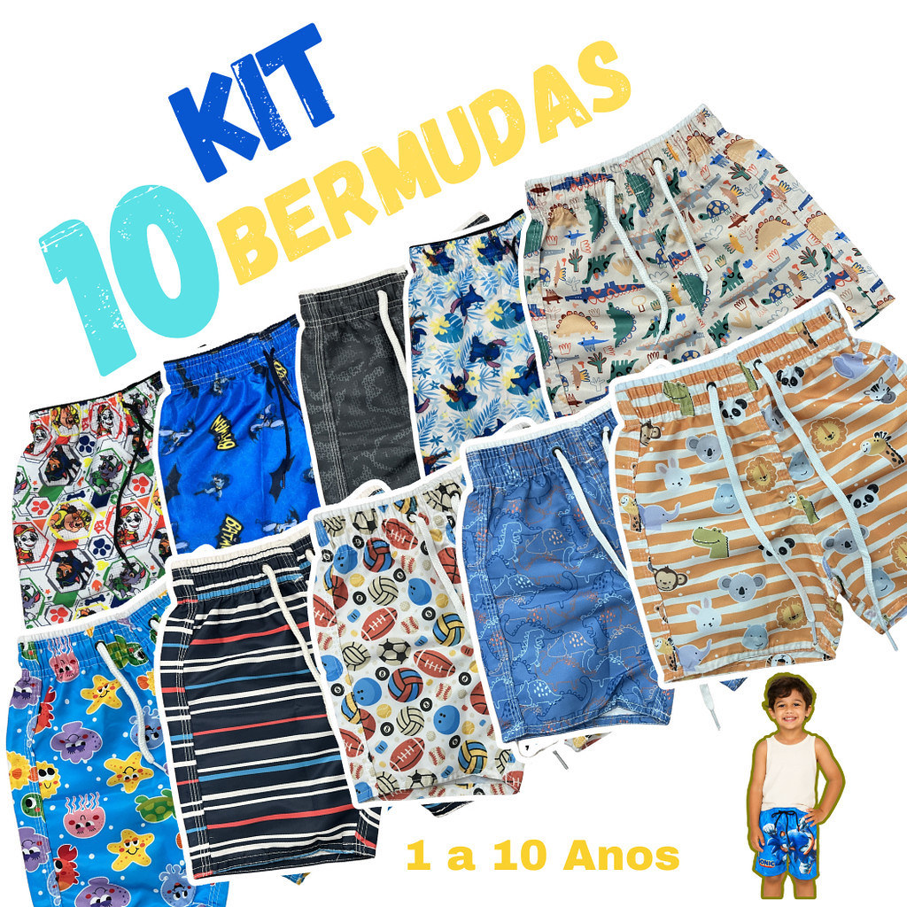 Kit 10 Shorts Infantil Menino Bermuda Juvenil Tactel Masculina Moda Praia, Achadinhos da Moda