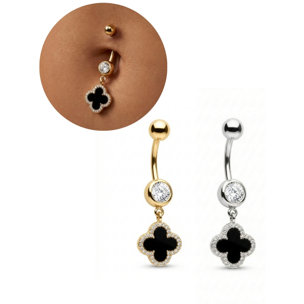 Piercing Umbigo Trevo Cravejado Feminino Acessórios Aço Cirúrgico Hipoalergênico Brilho Dourado ou Prata