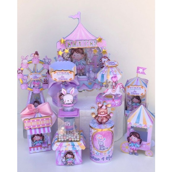 Caixas Personalizadas Circo Menina Lilás e Rosa – Lembrancinha / Aniversário
