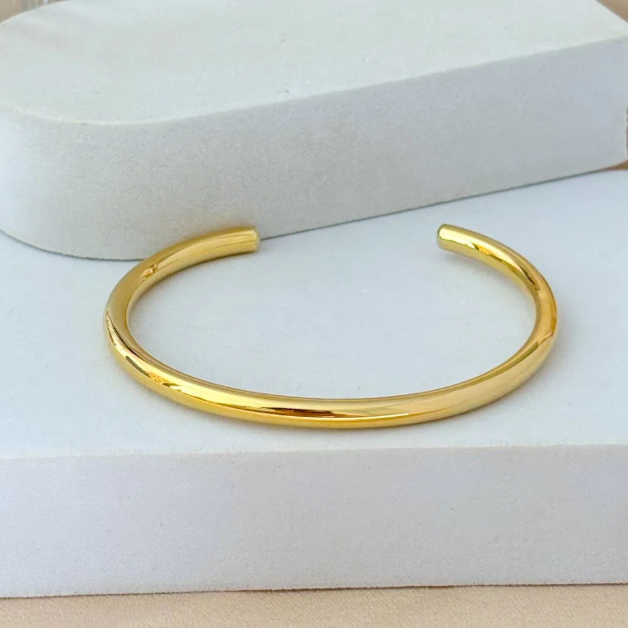 [ SEMI JOIA ] Bracelete Feminino Delicado Redondo Liso Clássico Banhado a Ouro 18k Alto Padrão