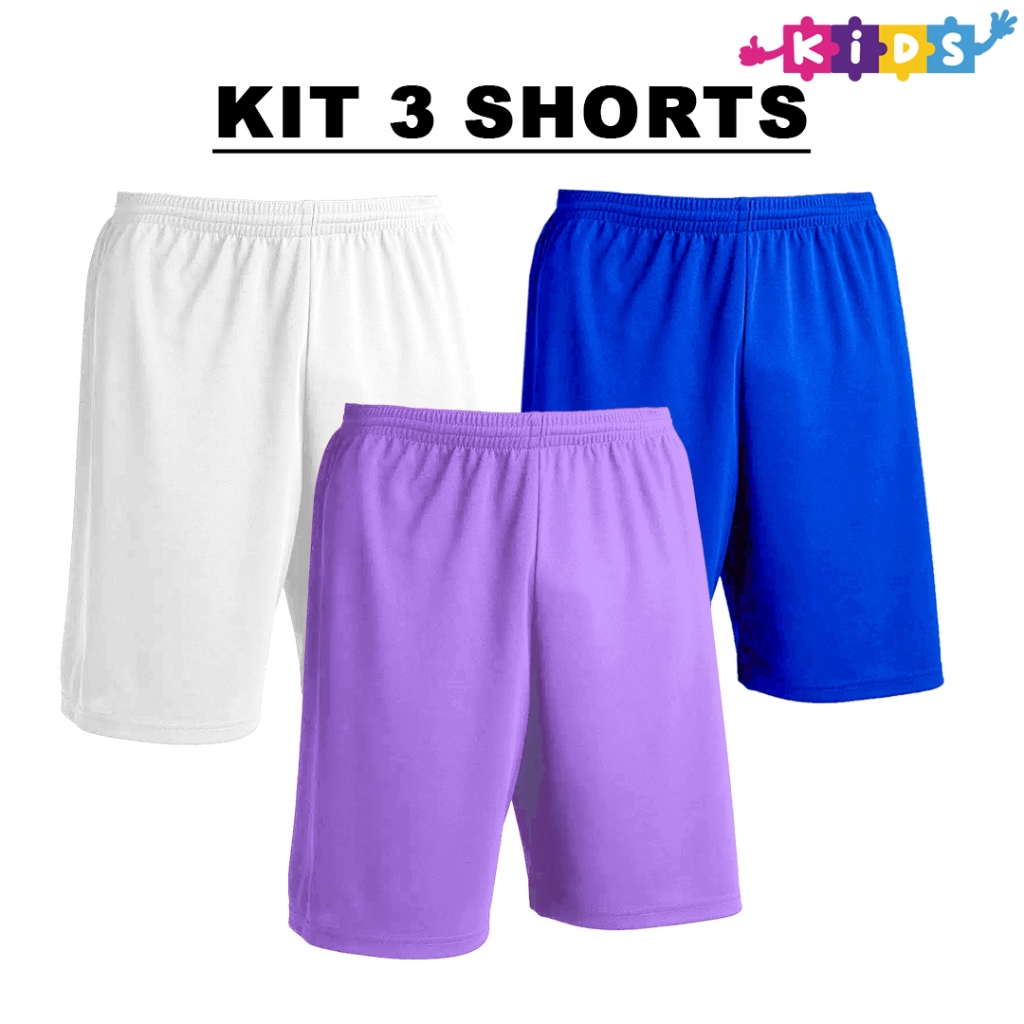 Kit com 3 Bermudas Branco + Royal + Cores Infantil Shorts Calção Dry Poliéster - Liso