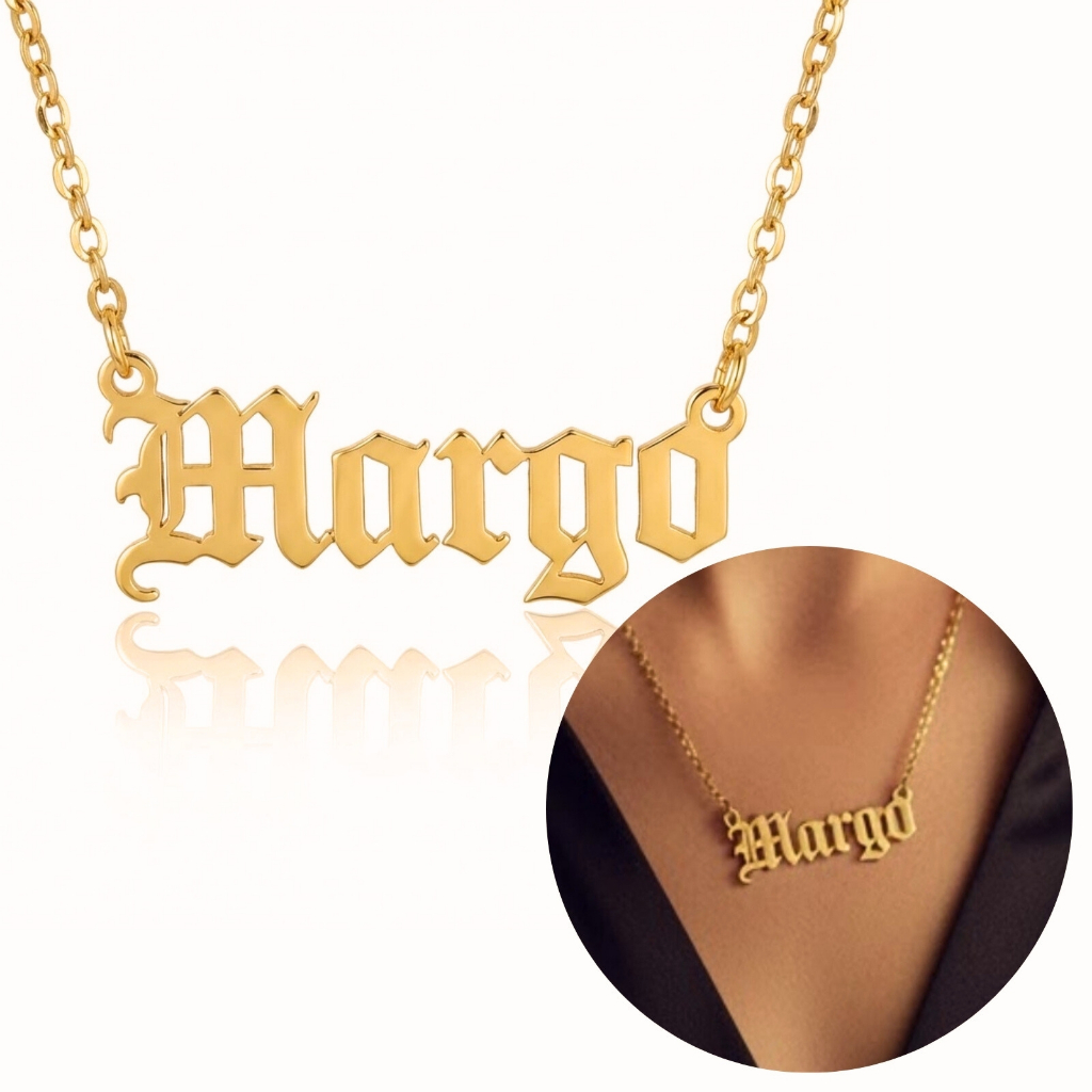 [ SEMI JOIA ] Colar Monograma Nome Gótico Personalizado Feminino Banhado a Ouro Anti Alérgico Presente Mimo Dia