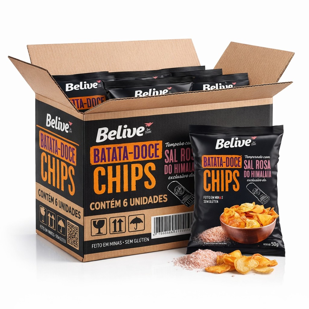 Kit 6 Batata Doce Chips c/ Sal Rosa do Himalaia BELIVE 50g